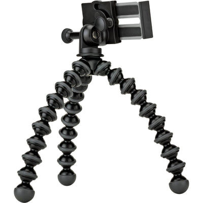 Joby GripTight GorillaPod Stand Pro with premium ABS, TPE, and stainless steel build, securely fits smartphones 5.59 to 9.09 cm wide with or without cases, offers 90° rotation and 150° tilt, and includes flexible tripod legs for stable positioning.