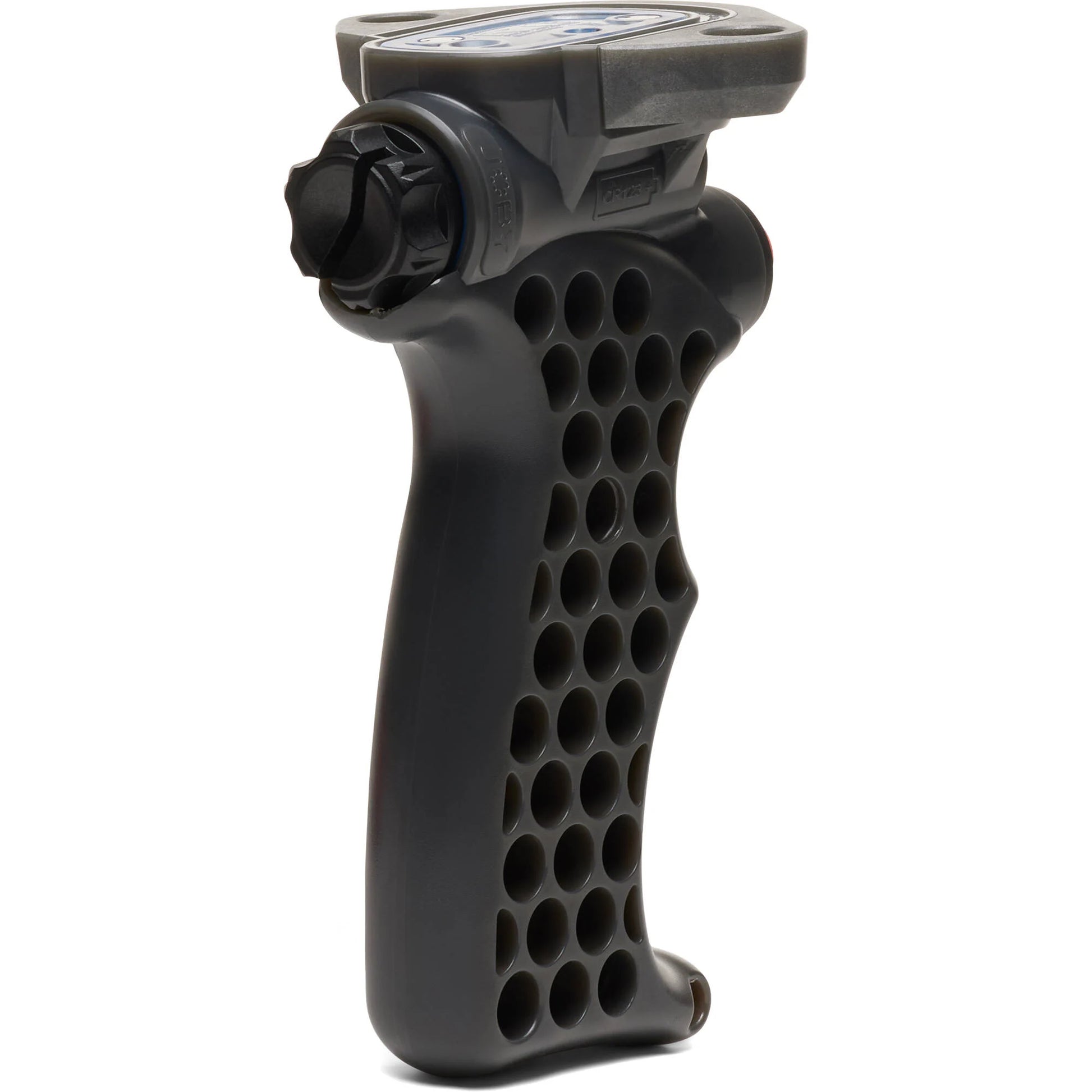 Black shutter grip with honeycomb pattern on a white background