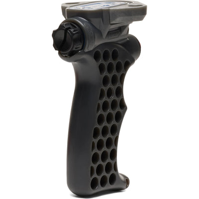 Black shutter grip with honeycomb pattern on a white background