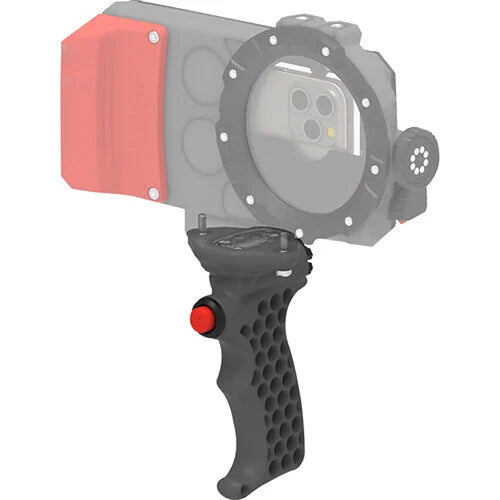 Camera housing with red and black grip on a white background