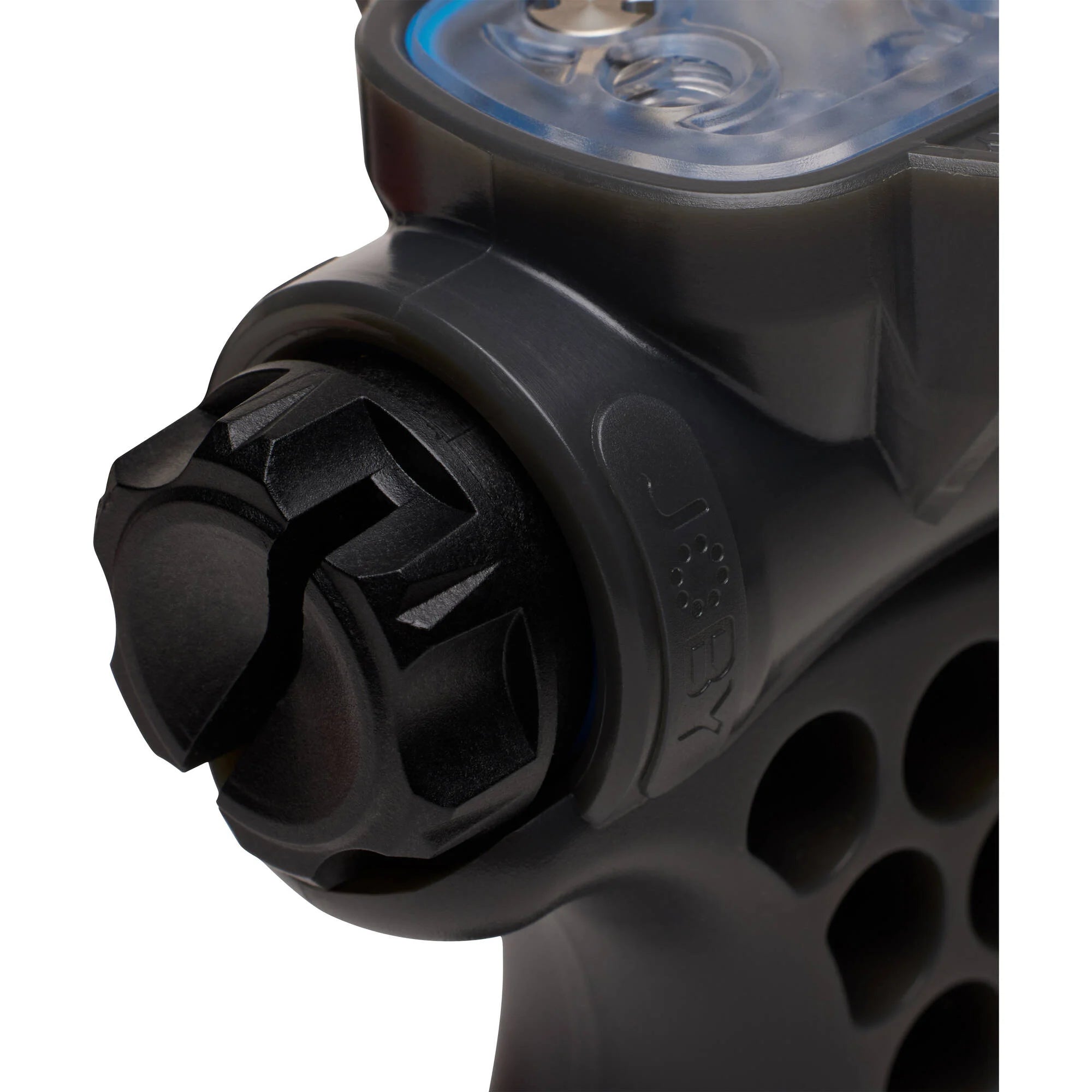 Close-up of a black high-pressure nozzle on a white background