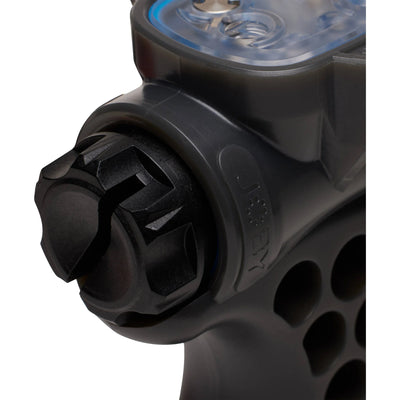 Close-up of a black high-pressure nozzle on a white background