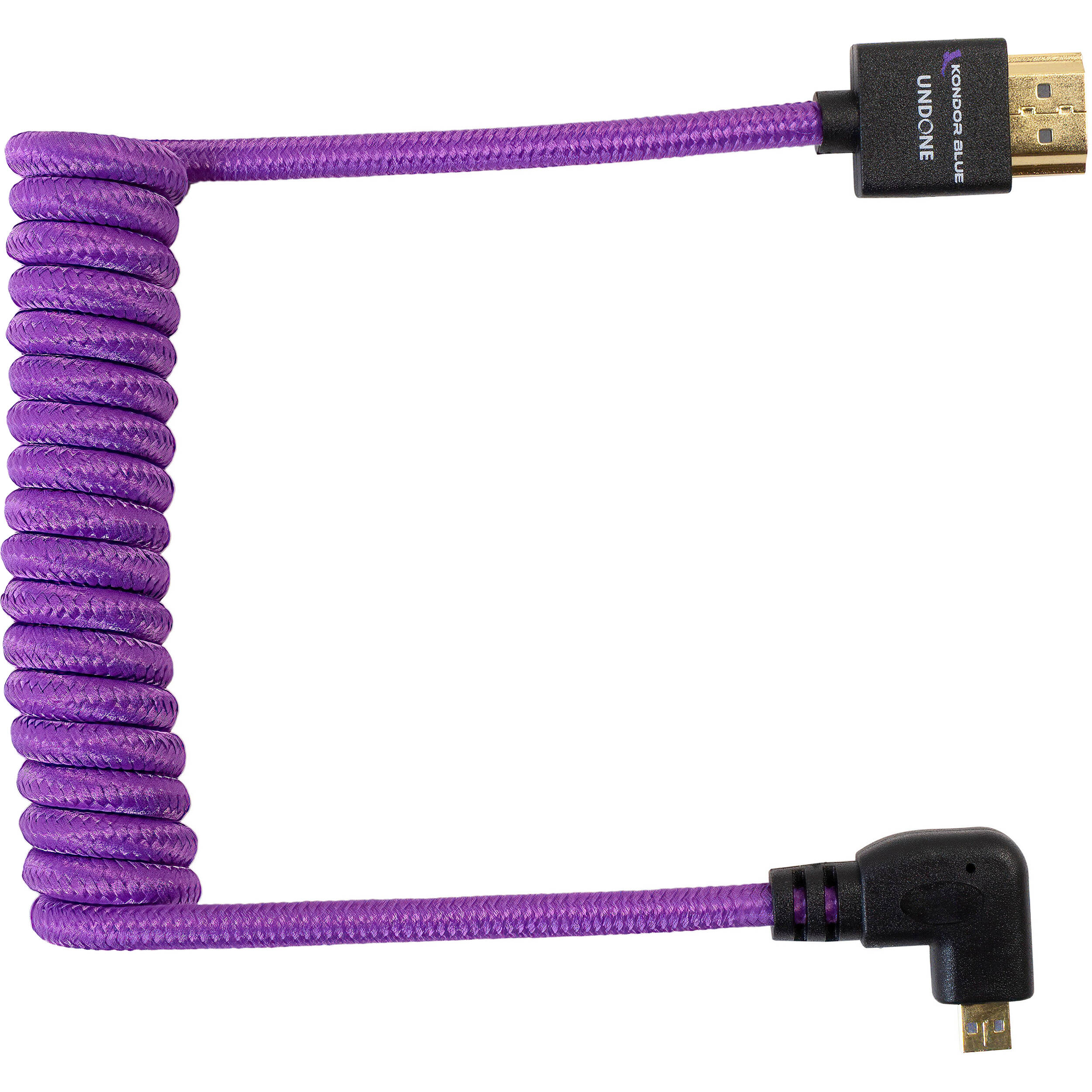 Kondor Blue purple coiled right-angle micro-HDMI to HDMI cable for cameras
