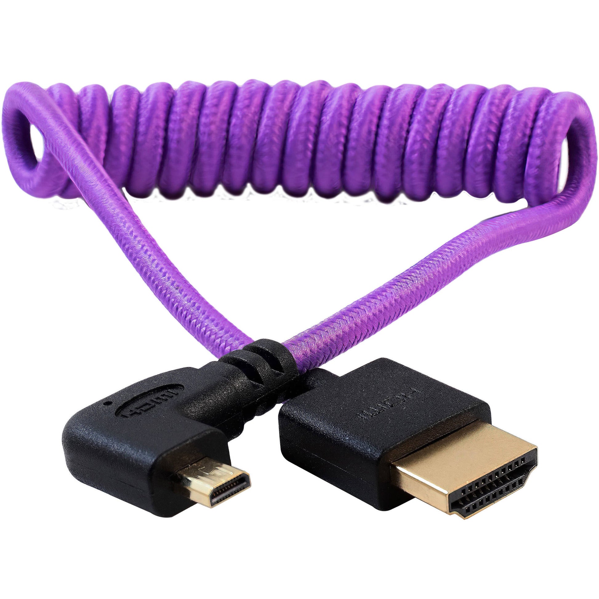 Kondor Blue purple coiled right-angle micro-HDMI to HDMI cable for cameras
