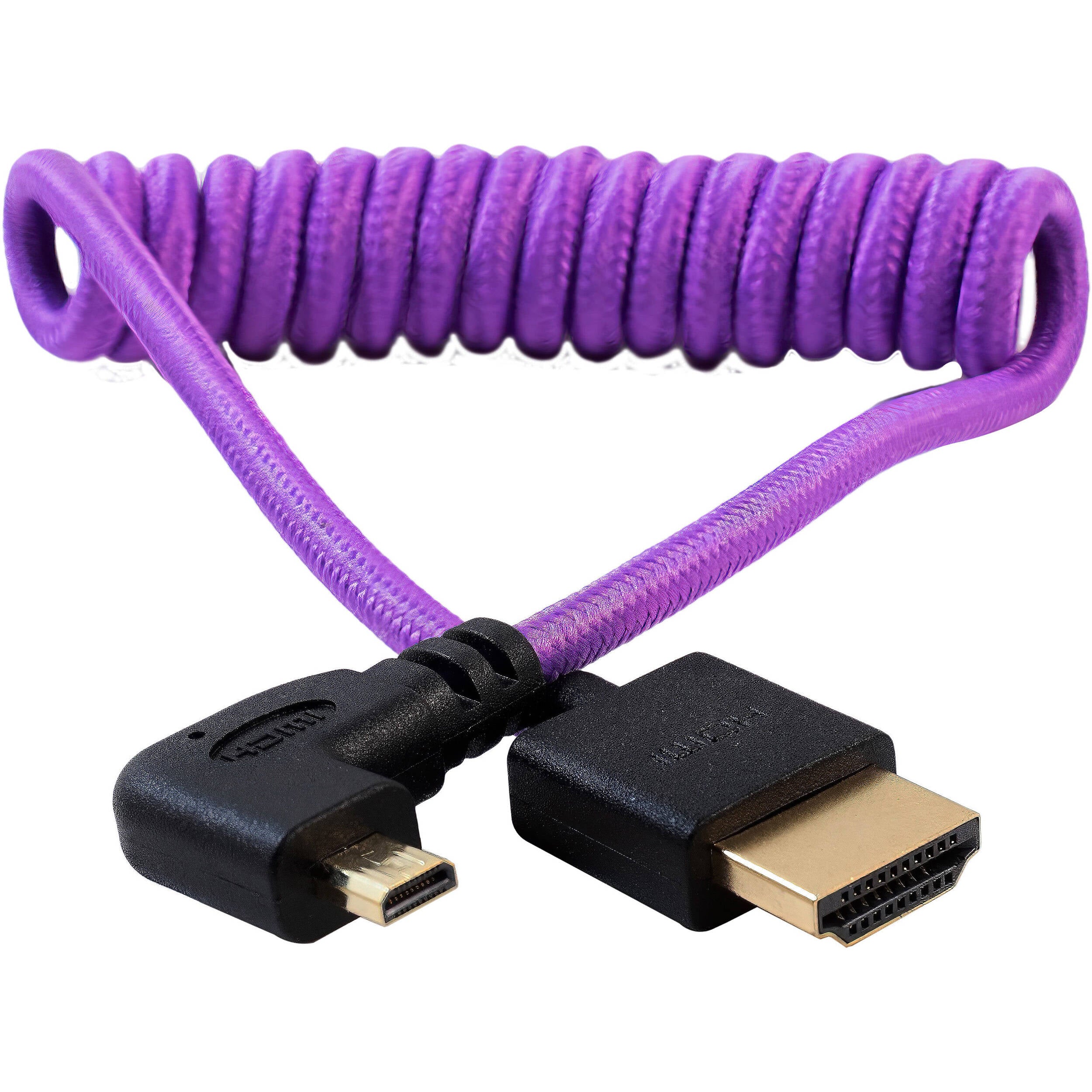 Kondor Blue purple coiled right-angle micro-HDMI to HDMI cable for cameras
