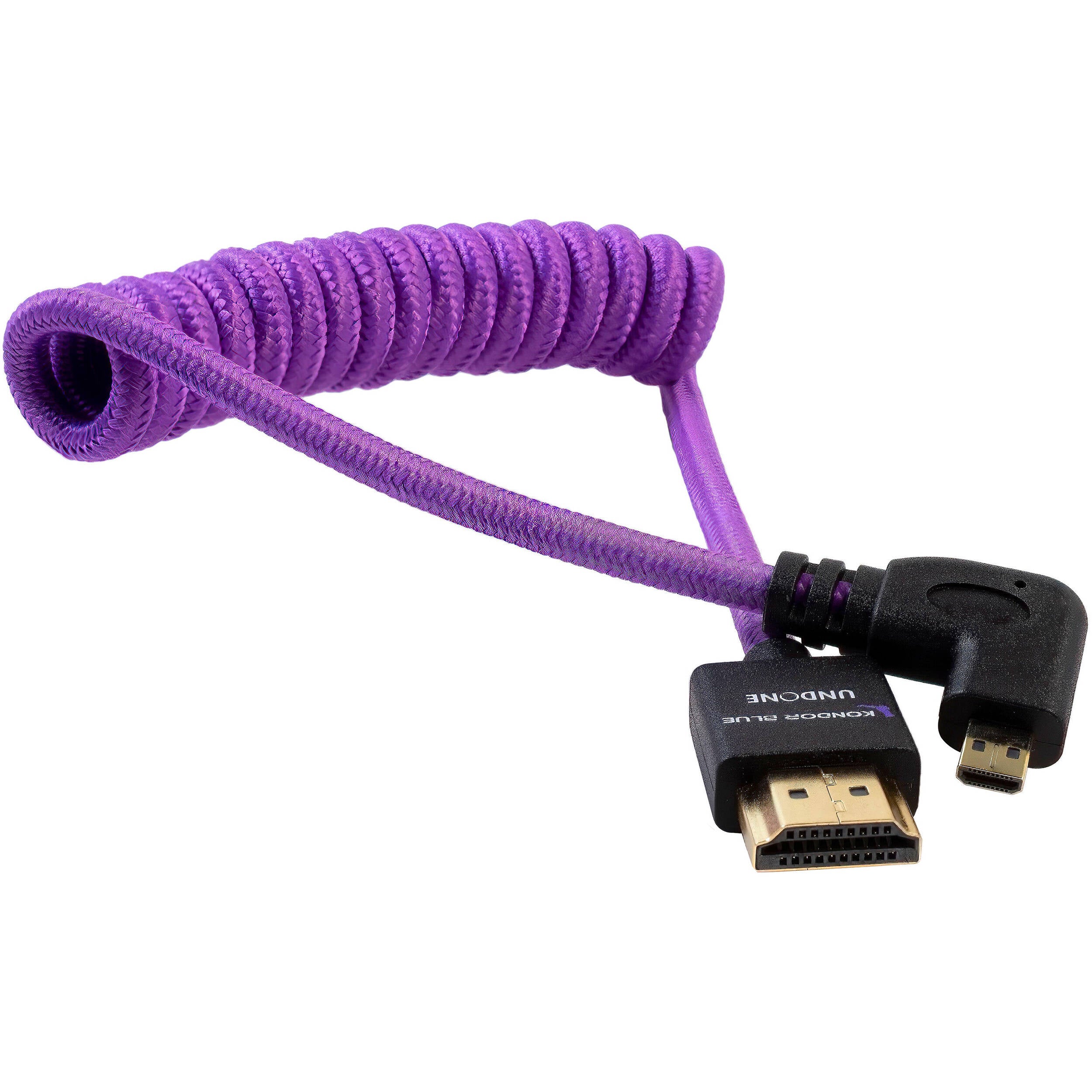 Kondor Blue purple coiled right-angle micro-HDMI to HDMI cable for cameras
