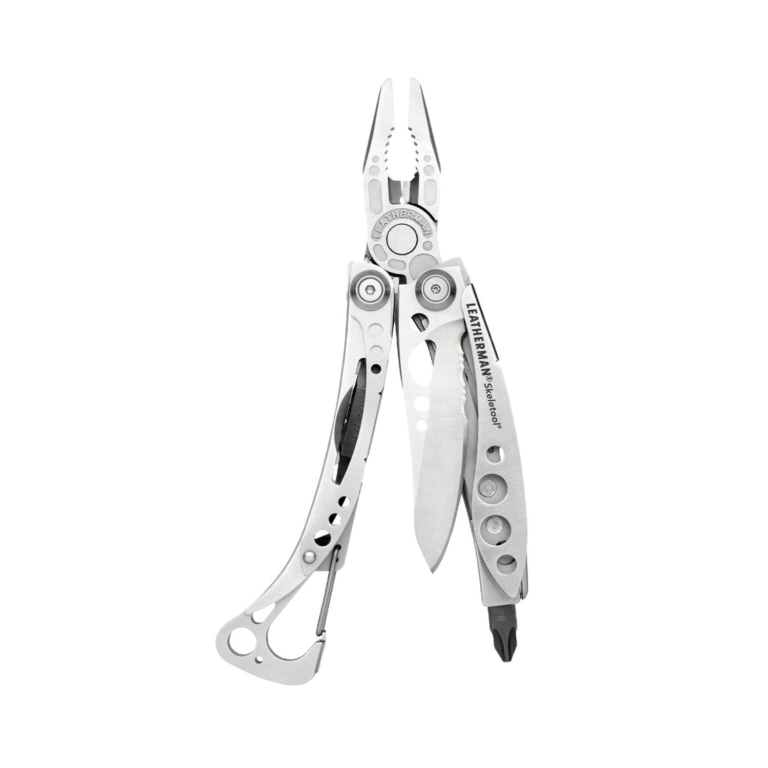 The Leatherman Skeletool is a compact, multi-tool with pliers, knife, bit driver, and more, designed for practicality, portability, and one-hand operation.