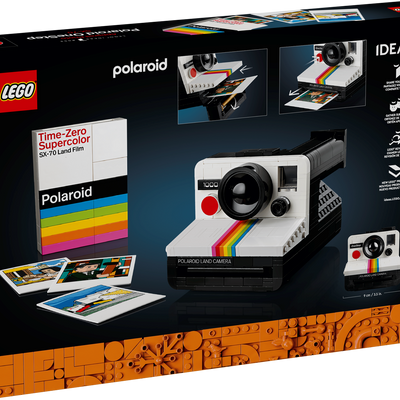 LEGO Ideas Polaroid OneStep SX-70 Camera set with 516 pieces, features a realistic build with working viewfinder, iconic Color Spectrum, turnable exposure dial, shutter button, and brick-built film pack that ejects photos