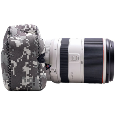 Camera lens with a digital camouflage case on a white background