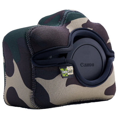 Camouflage camera case with Canon logo on a white background