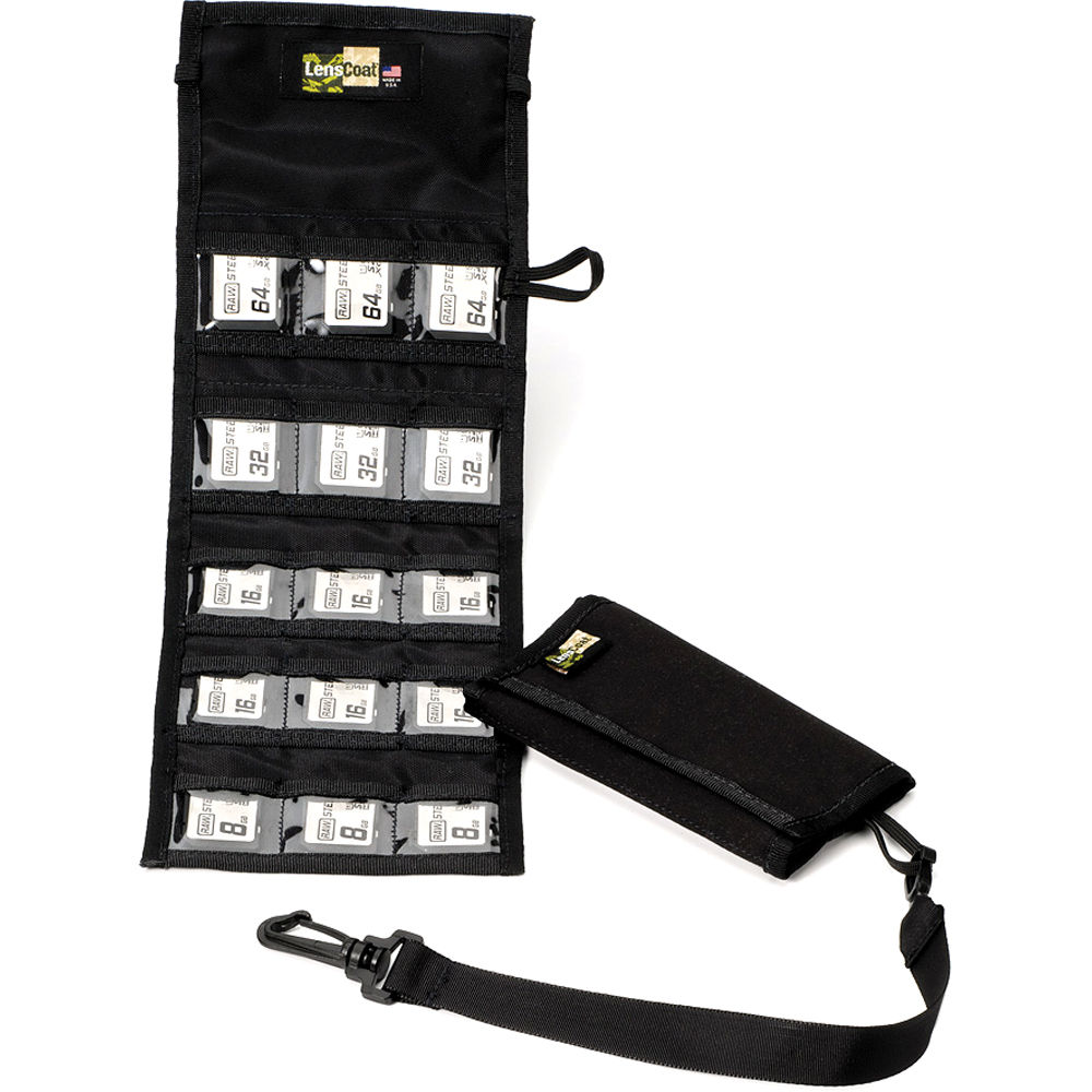 Compact folding SD memory card holder made of durable nylon and tricot, holding 15 SD cards