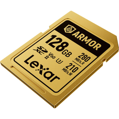 Lexar ARMOR GOLD SDXC UHS-II card with stainless steel build and V60 rating.
