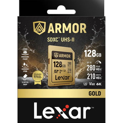 Lexar ARMOR GOLD SDXC UHS-II card with stainless steel build and V60 rating.