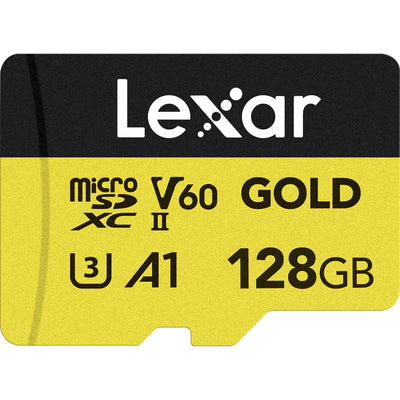 Lexar Professional Gold microSDXC UHS-II memory card for high-speed 4K video and photo capture.