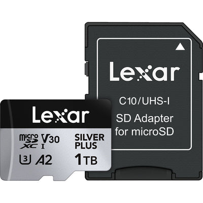 Lexar Professional Silver Plus microSDXC UHS-I Memory Card + SD Adaptor – dependable high-speed storage for 4K video, photos, and fast data transfers.