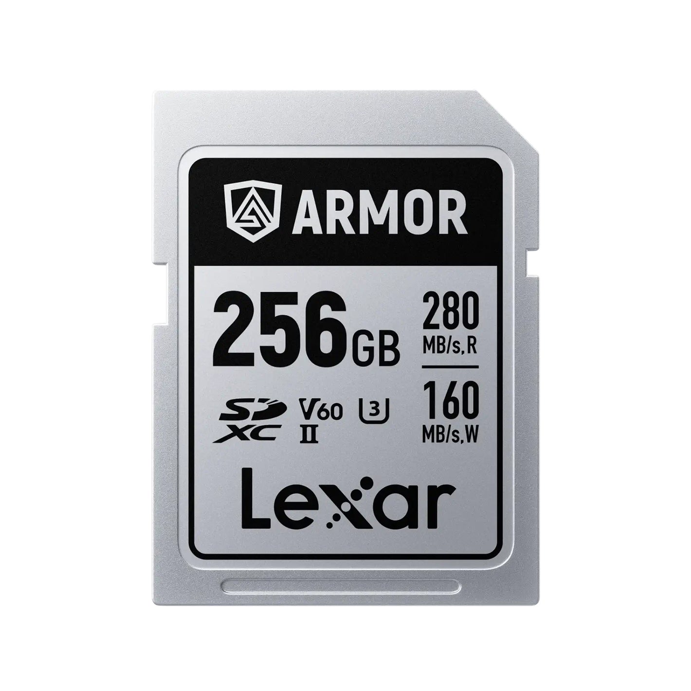 Rugged Lexar SDXC card for 6K video with V60 speed and ribless design.
