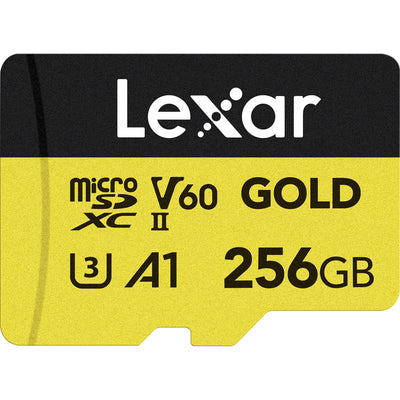 Lexar Professional Gold microSDXC UHS-II memory card for high-speed 4K video and photo capture.