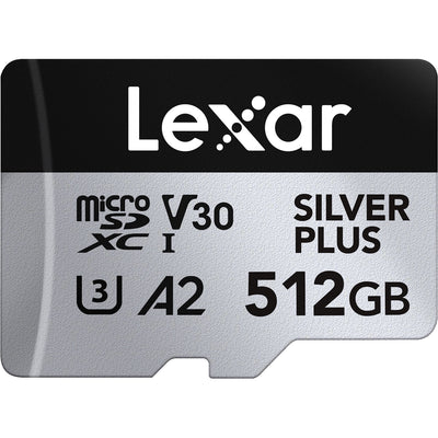 Lexar Professional Silver Plus microSDXC UHS-I Memory Card + SD Adaptor – dependable high-speed storage for 4K video, photos, and fast data transfers.