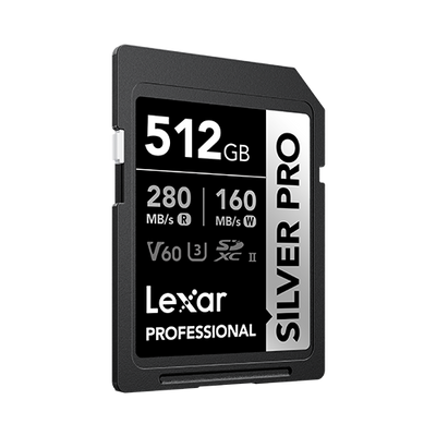 Lexar Professional Silver Pro 512GB SD card on a white background