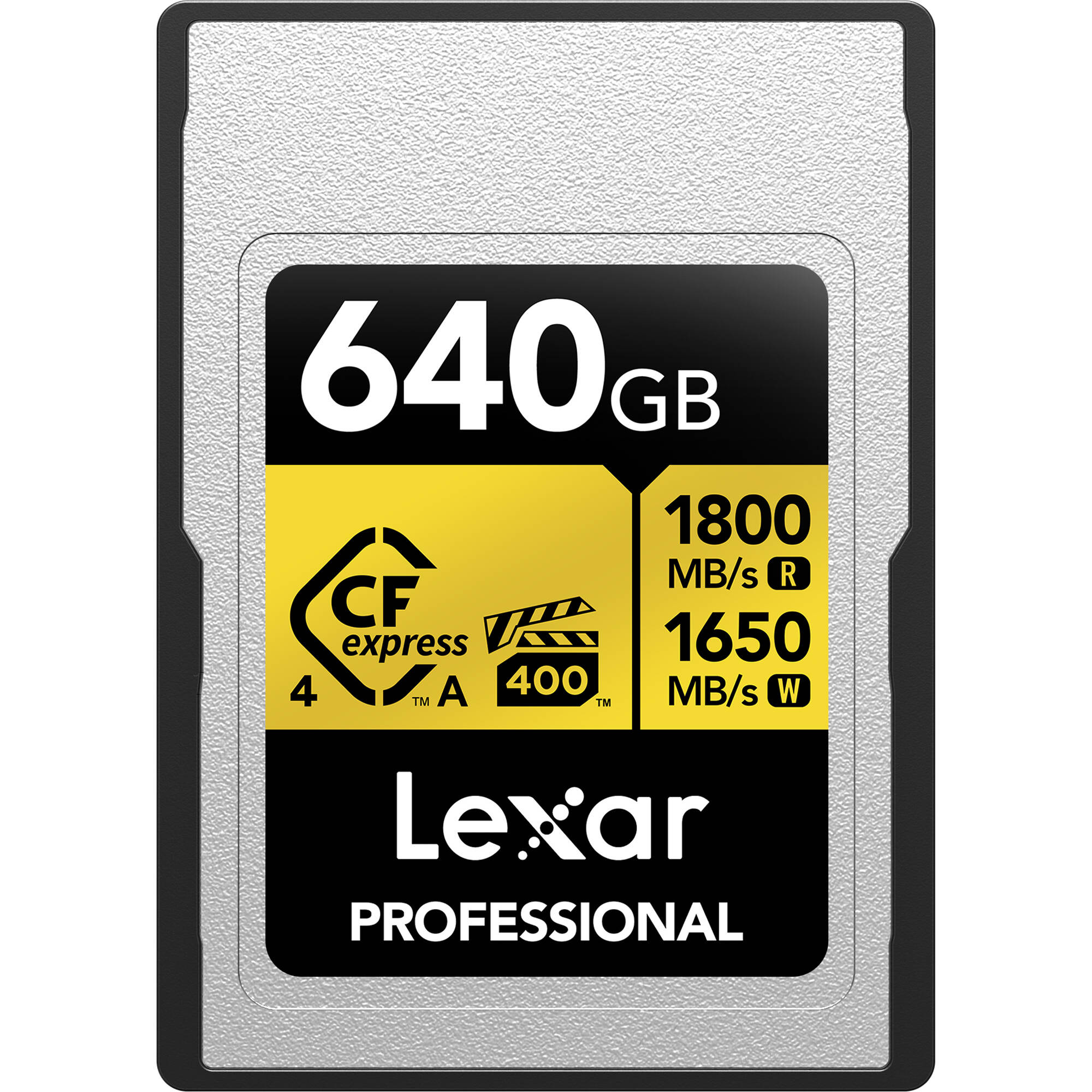 High-speed Lexar 640GB CFexpress Type A card for professional cameras and fast 8K video capture.