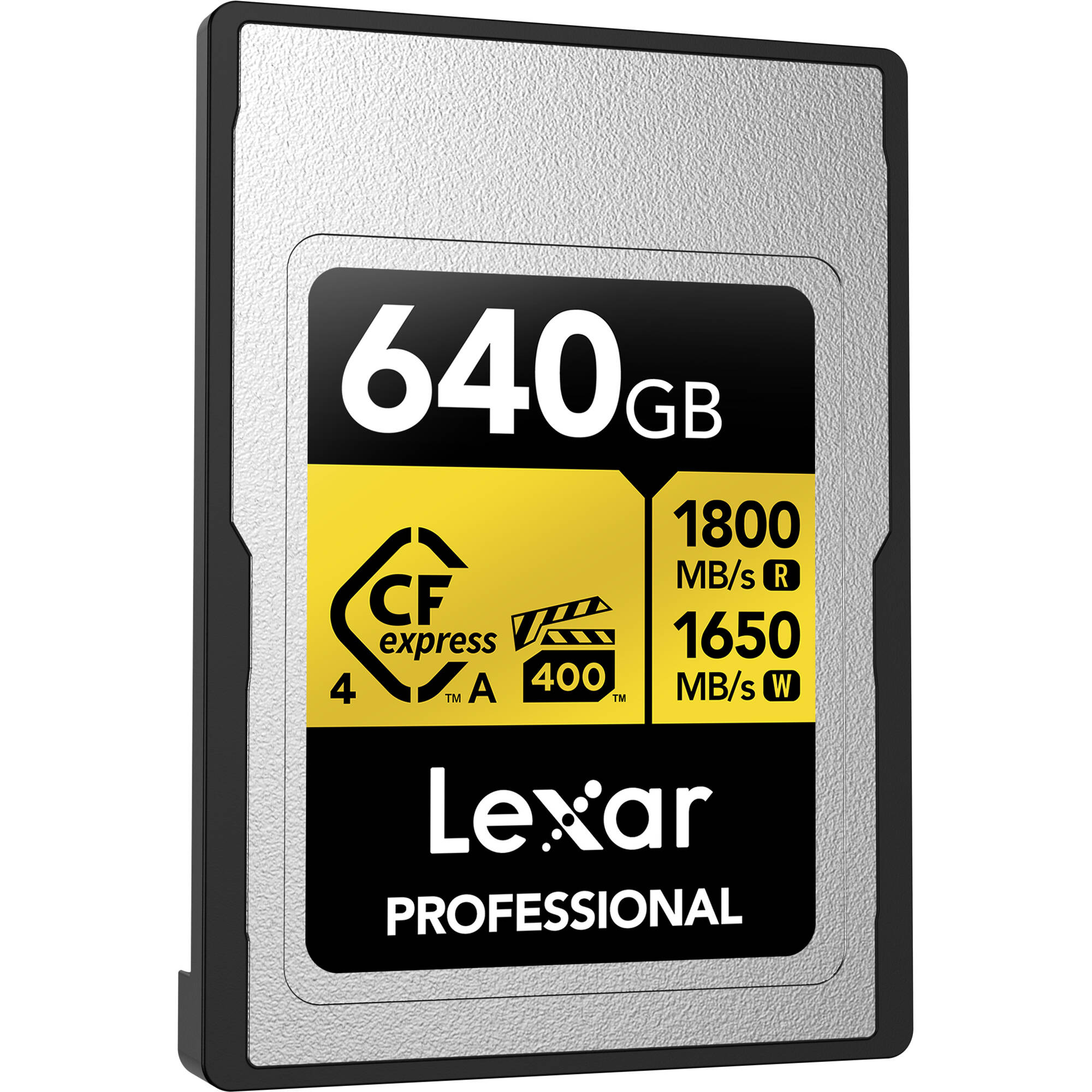 High-speed Lexar 640GB CFexpress Type A card for professional cameras and fast 8K video capture.