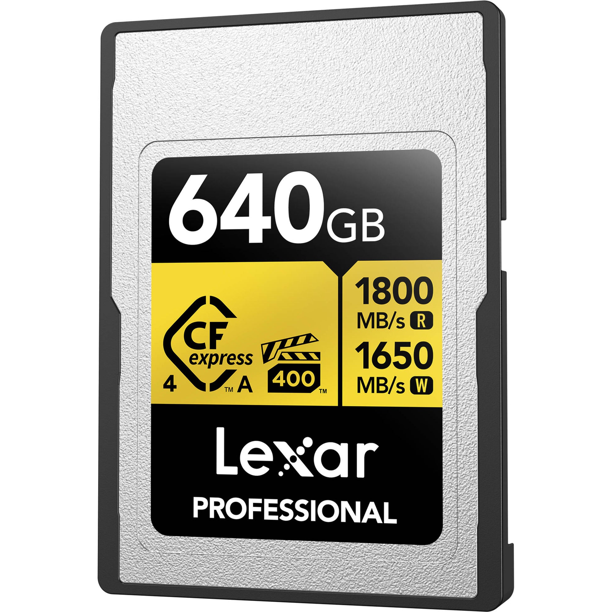 High-speed Lexar 640GB CFexpress Type A card for professional cameras and fast 8K video capture.