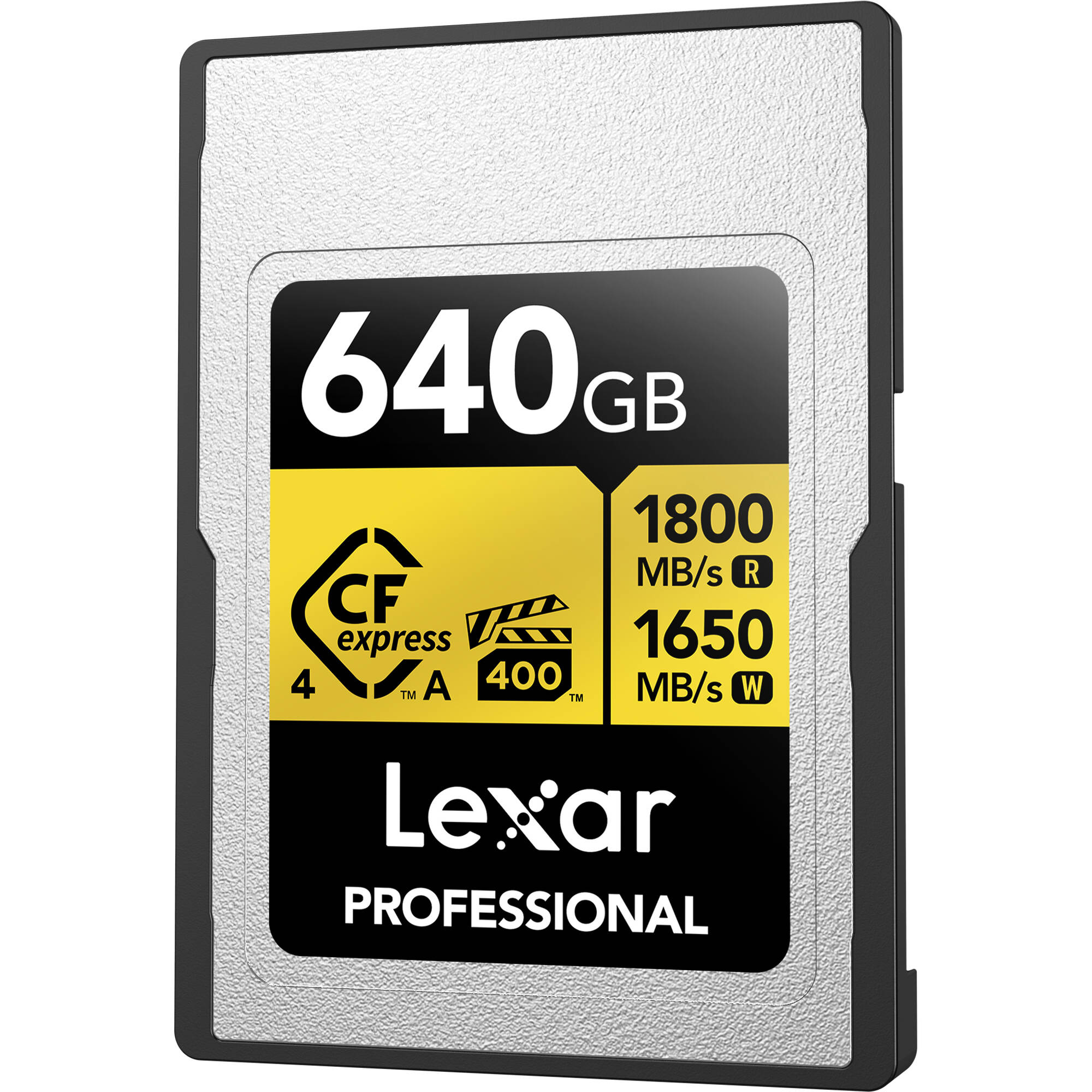 High-speed Lexar 640GB CFexpress Type A card for professional cameras and fast 8K video capture.