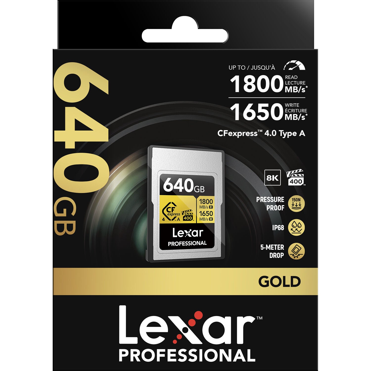 High-speed Lexar 640GB CFexpress Type A card for professional cameras and fast 8K video capture.