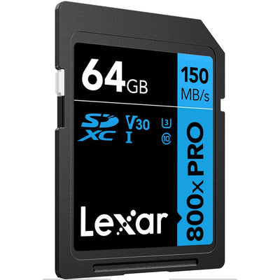 Lexar 64GB SD card with specifications on a white background