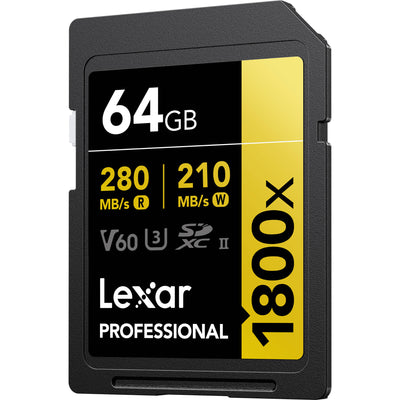 Store your videos and photos with this gold series Lexar 64GB Professional 1800x UHS-II Memory Card. Features a 280 MB/s read speed for fast transfers.