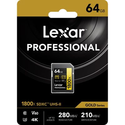 Store your videos and photos with this gold series Lexar 64GB Professional 1800x UHS-II Memory Card. Features a 280 MB/s read speed for fast transfers.