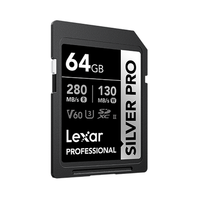 Lexar Professional Silver Pro 64GB SD card on a white background