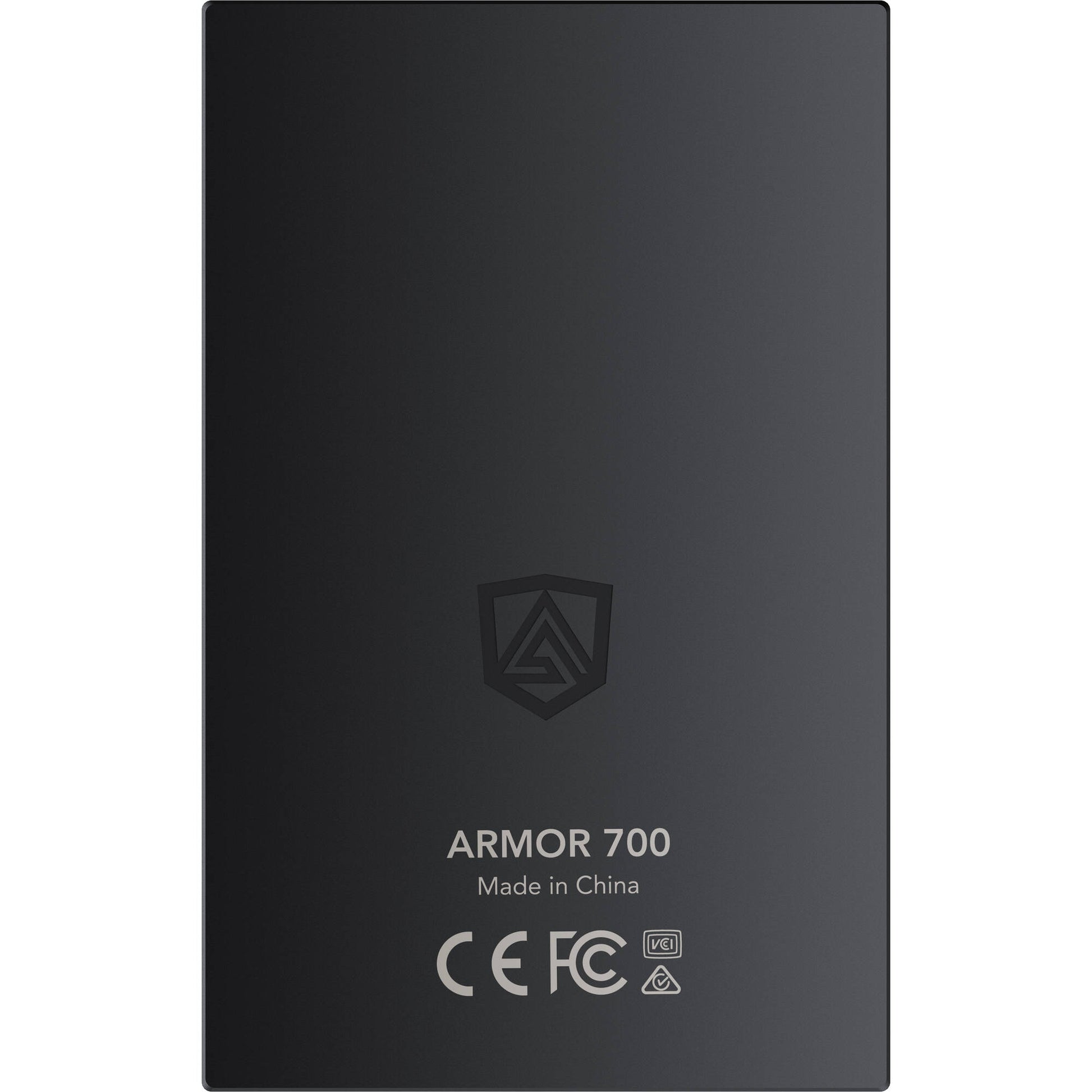 Black external hard drive with 'ARMOR 700' branding and certification logos on a white background