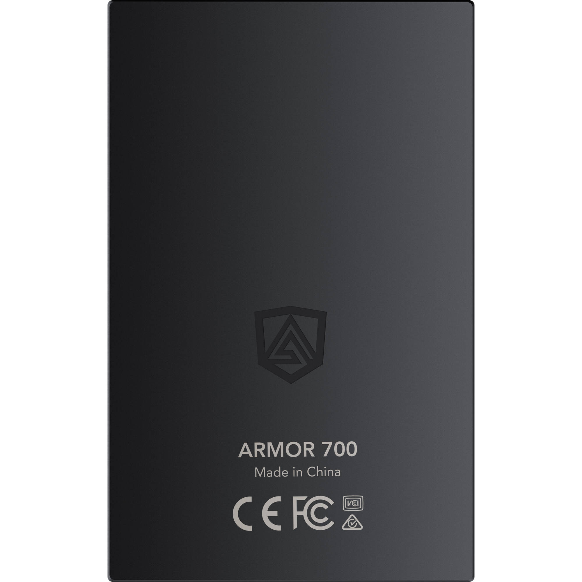 Black external hard drive with 'ARMOR 700' branding and certification logos on a white background