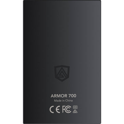 Black external hard drive with 'ARMOR 700' branding and certification logos on a white background