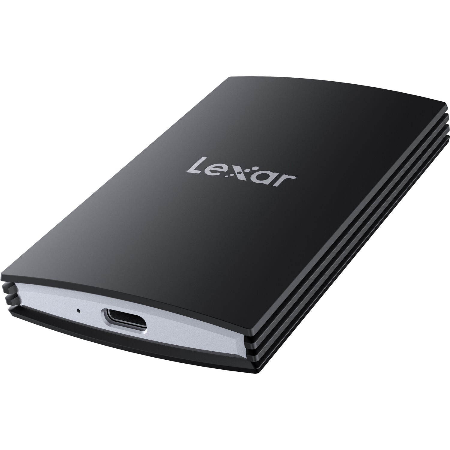 Black Lexar external hard drive on a white background