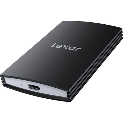 Black Lexar external hard drive on a white background