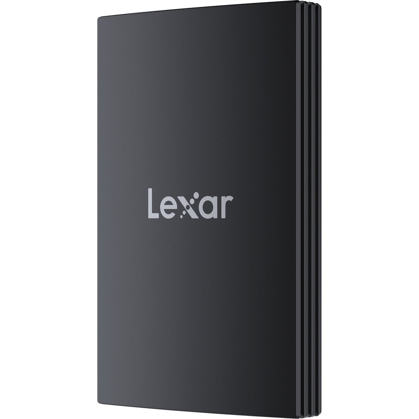 Black external hard drive with Lexar logo on a white background