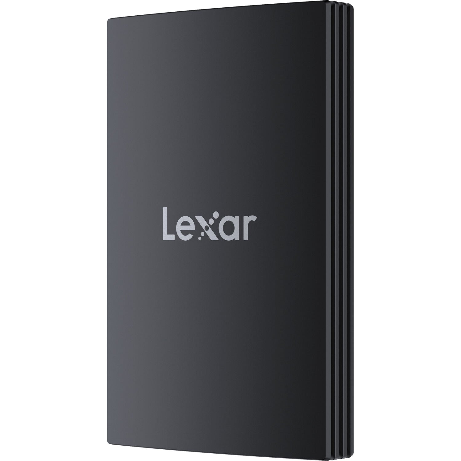 Black external hard drive with Lexar logo on a white background