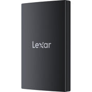 Black external hard drive with Lexar logo on a white background