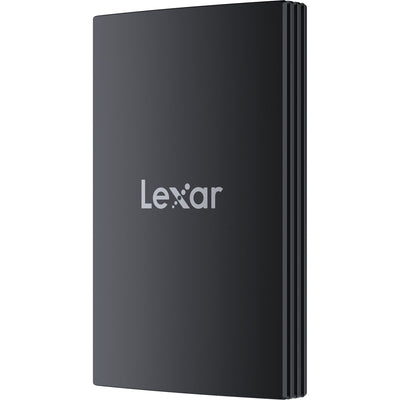 Black external hard drive with Lexar logo on a white background