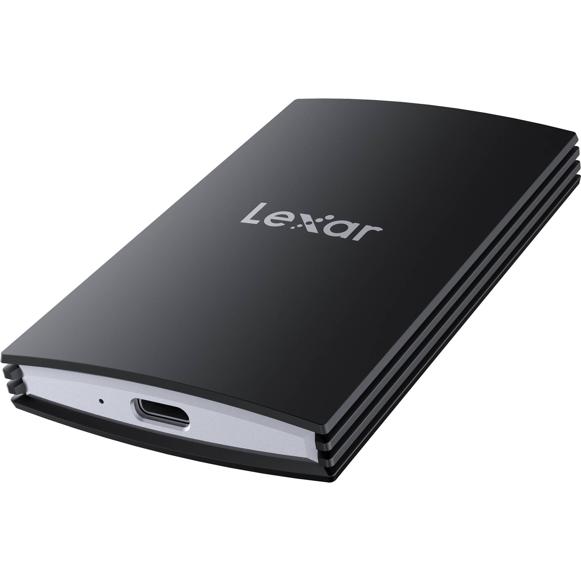 Black Lexar external hard drive on a white background