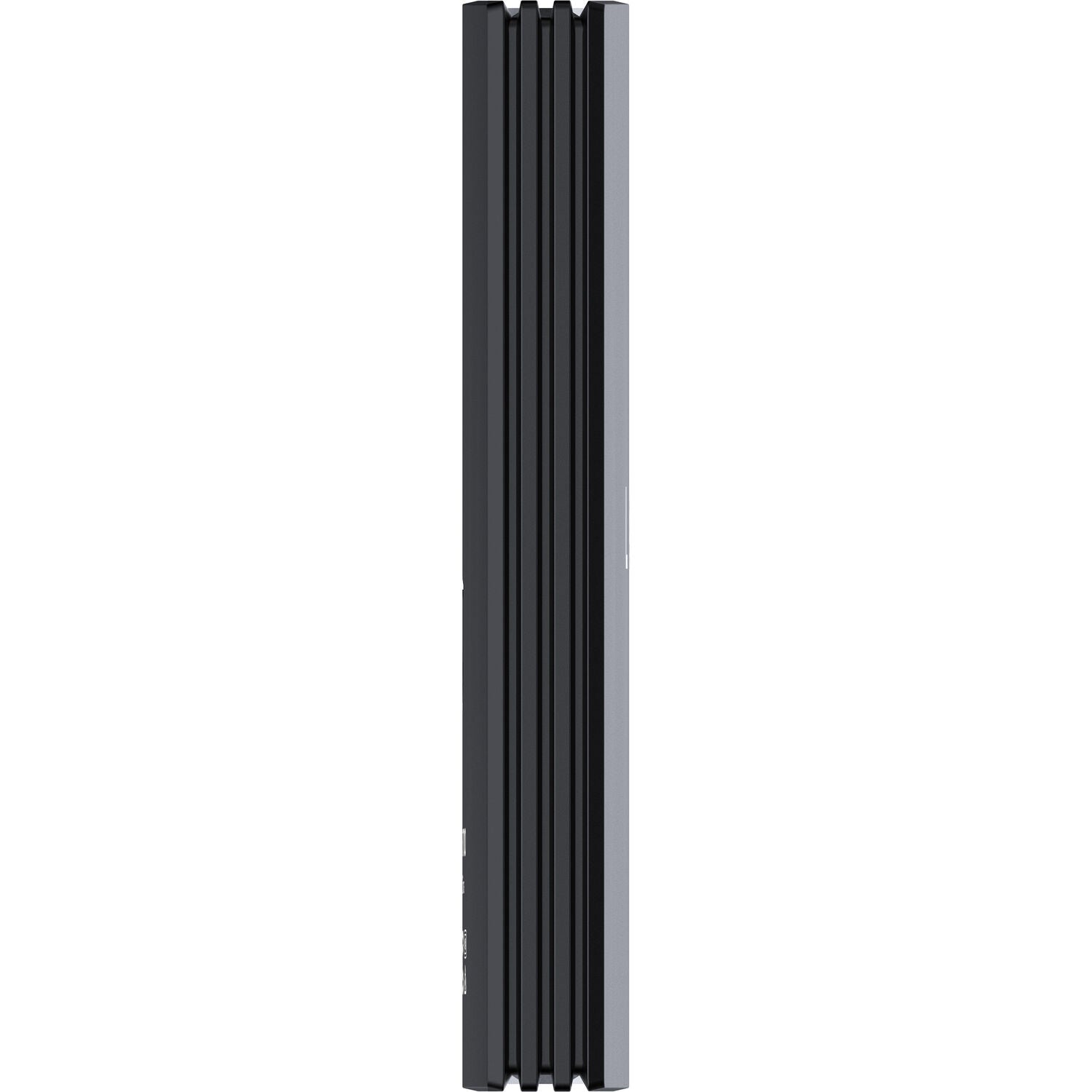 Black metal harddrive with grooves on a white background