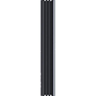 Black metal harddrive with grooves on a white background
