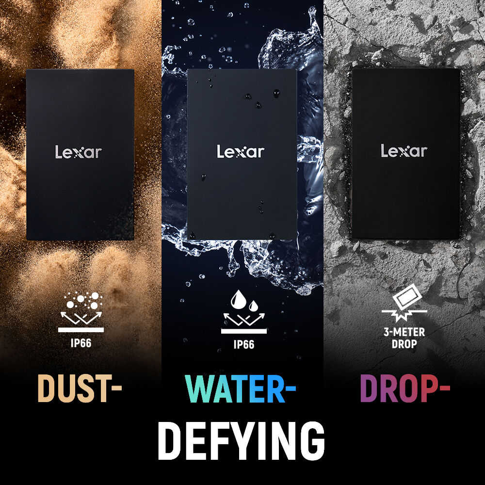 Three Lexar hard drive enclosures with durability features on a textured background