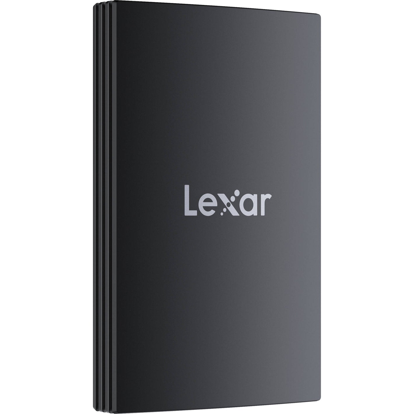 Black external hard drive with Lexar logo on a white background