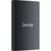 Black external hard drive with Lexar logo on a white background