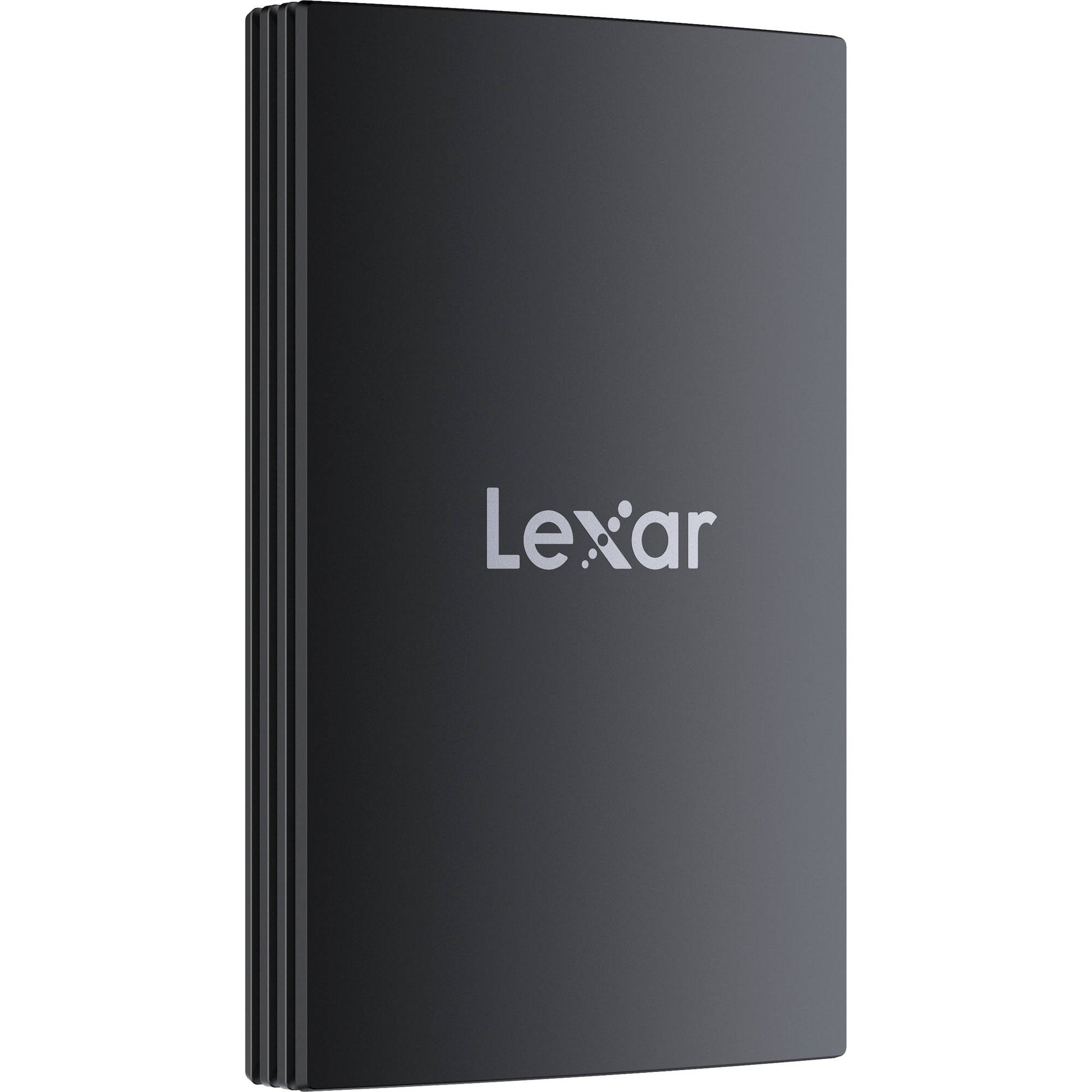 Black external hard drive with Lexar logo on a white background