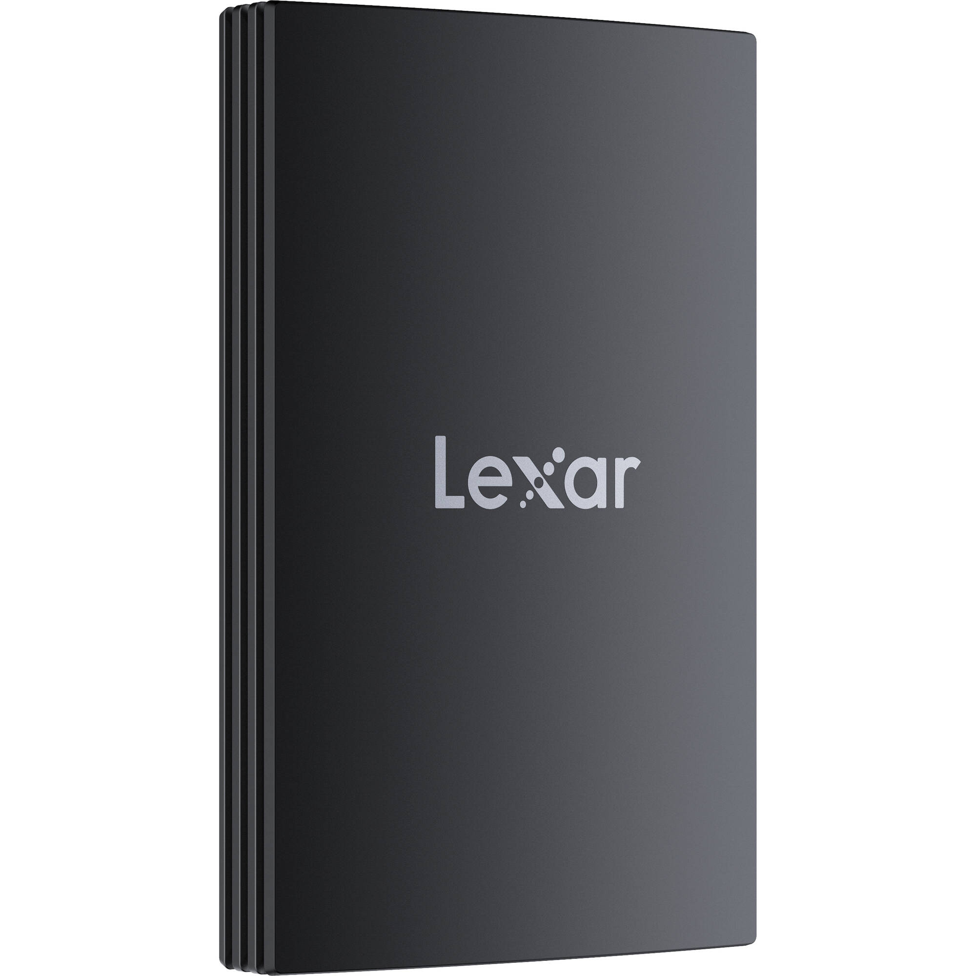 Black external hard drive with Lexar logo on a white background