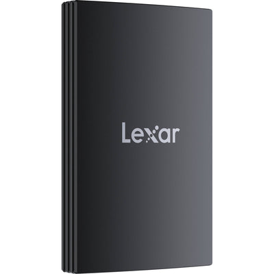 Black external hard drive with Lexar logo on a white background